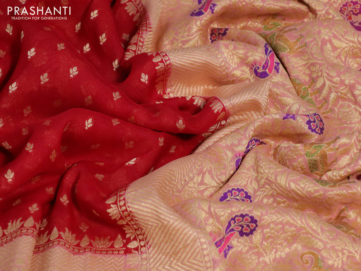 Banarasi georgette silk saree red and peach pink with allover zari woven butta weaves and long zari woven paithani border