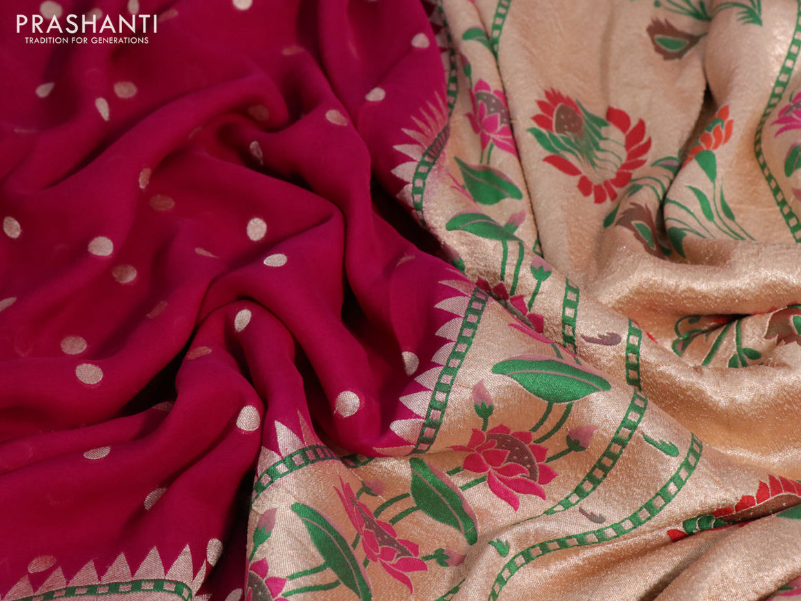 Banarasi georgette silk saree pink and pastel pink with zari woven coin buttas and zari woven floral design paithani border