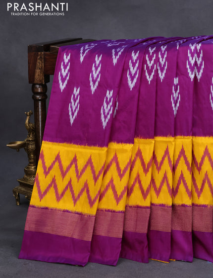 Pochampally silk saree purple and yellow with allover ikat butta weaves and long ikat woven zari border