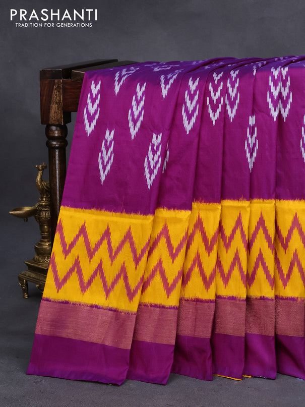 Pochampally silk saree purple and yellow with allover ikat butta weaves and long ikat woven zari border