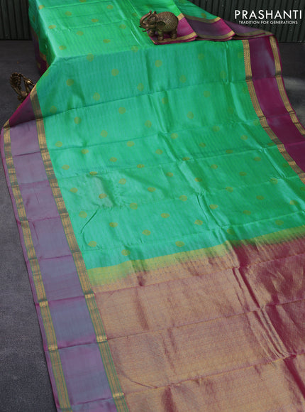 Pure kanchipuram silk saree light green and dual shade of pink with allover self emboss & zari buttas and rettapet zari woven border