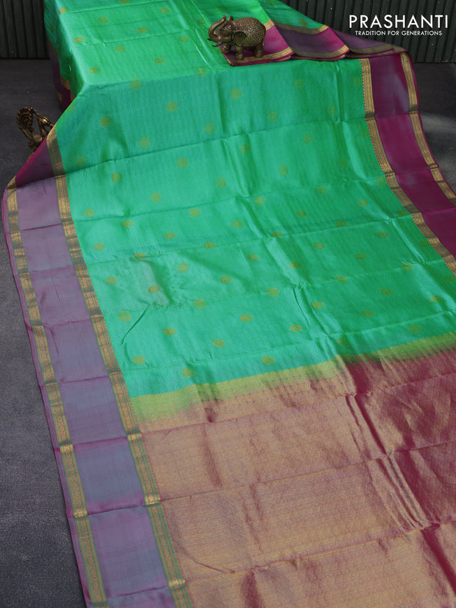 Pure kanchipuram silk saree light green and dual shade of pink with allover self emboss & zari buttas and rettapet zari woven border