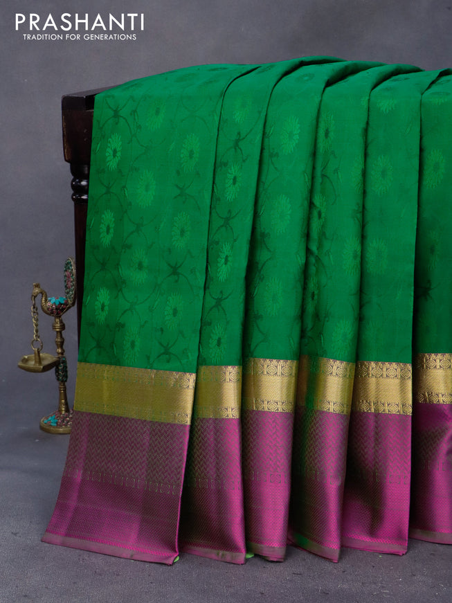 Pure kanchipuram silk saree green and dual shade of pink with allover self emboss and zari woven simple border