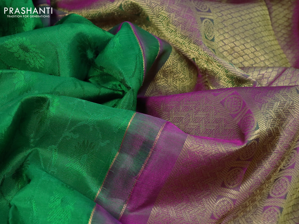 Pure kanchipuram silk saree green and dual shade of pink with allover self emboss and zari woven simple border