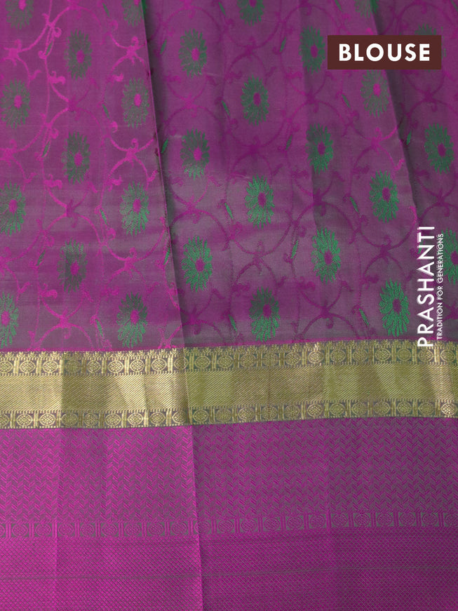 Pure kanchipuram silk saree green and dual shade of pink with allover self emboss and zari woven simple border