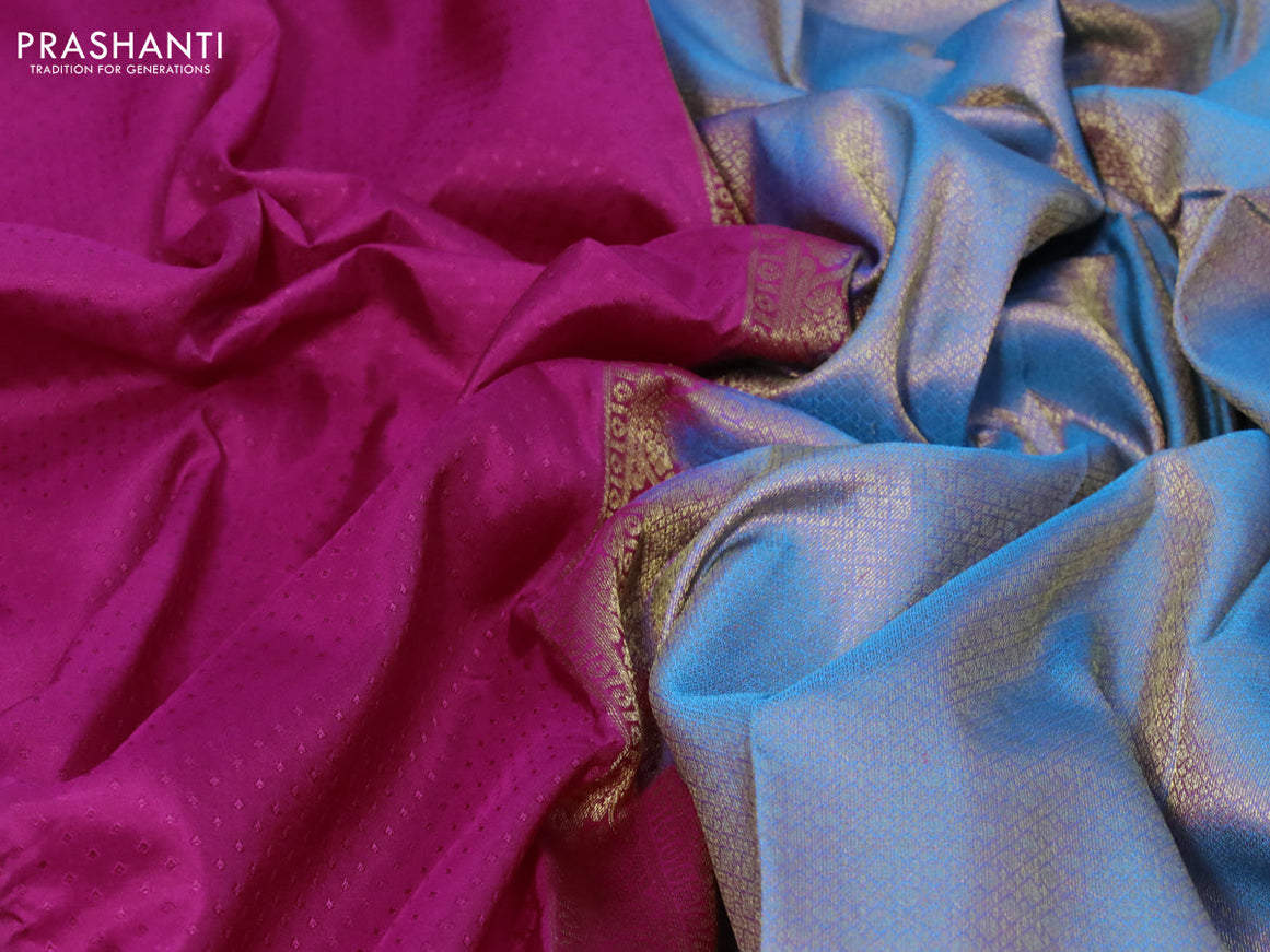 Pure kanchipuram silk saree pink and cs blue with allover self emboss and zari woven border