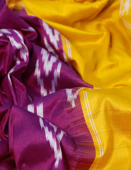 Pochampally silk saree purple and yellow with allover ikat butta weaves and long ikat woven zari border