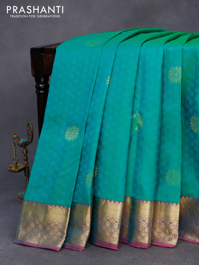 Pure kanchipuram silk saree green and dual shade of pink with allover self emboss & zari buttas and zari woven border