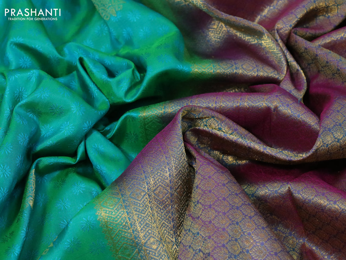 Pure kanchipuram silk saree green and dual shade of pink with allover self emboss & zari buttas and zari woven border