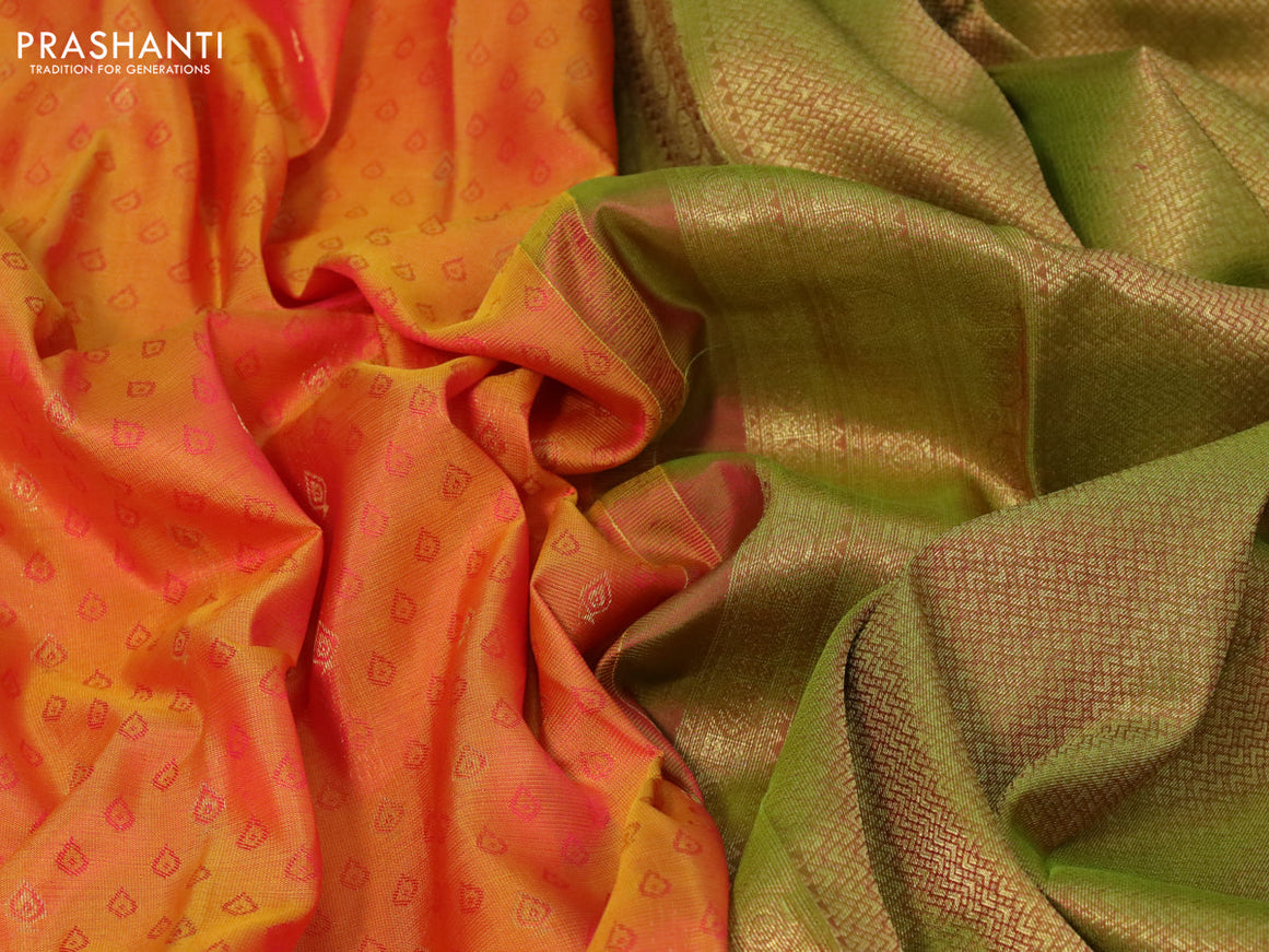 Pure kanchipuram silk saree dual shade of mustard and light green with allover self emboss and zari woven border