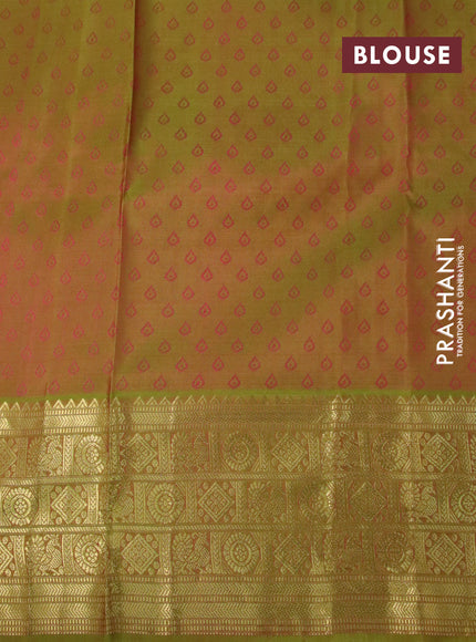 Pure kanchipuram silk saree dual shade of mustard and light green with allover self emboss and zari woven border