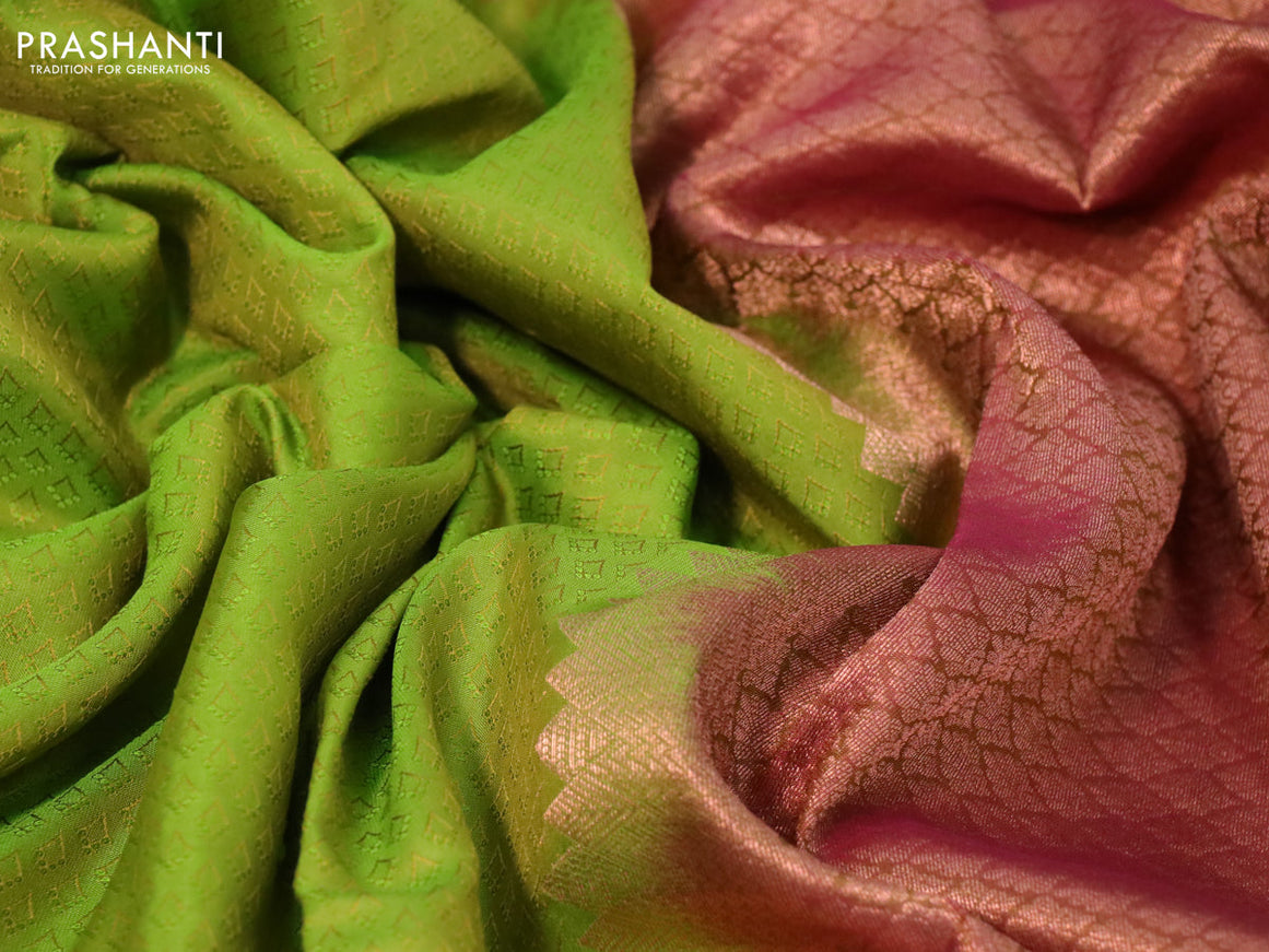 Pure kanchipuram silk saree light green and maroon with allover self emboss and temple design copper zari woven border