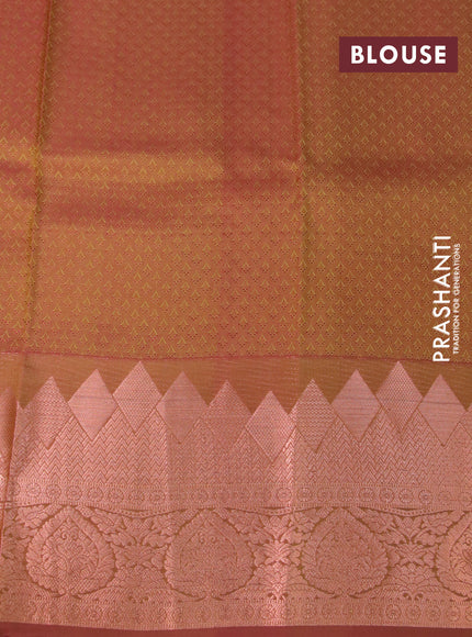 Pure kanchipuram silk saree light green and maroon with allover self emboss and temple design copper zari woven border