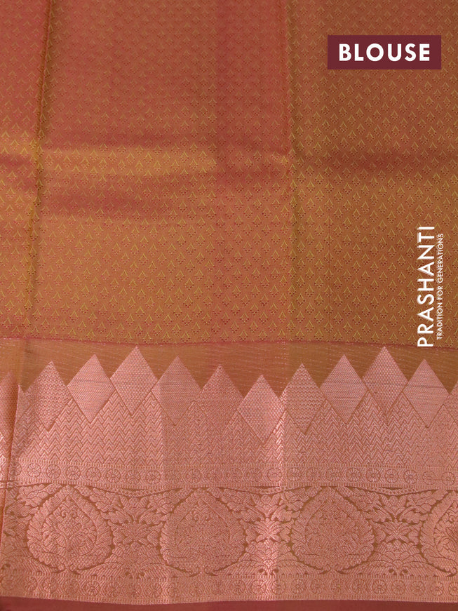 Pure kanchipuram silk saree light green and maroon with allover self emboss and temple design copper zari woven border