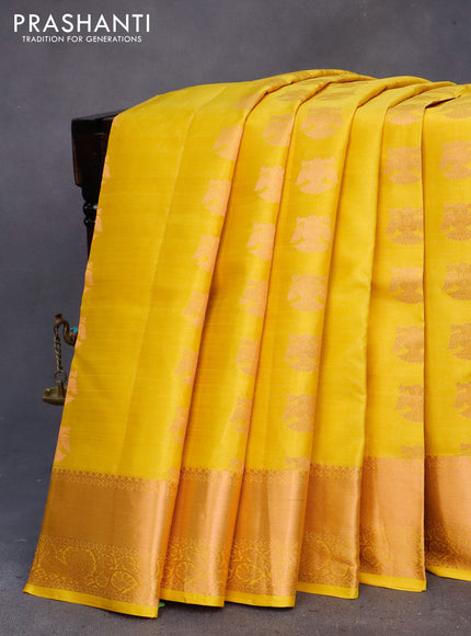 Pure kanchipuram silk saree yellow with copper zari woven buttas and copper zari woven border