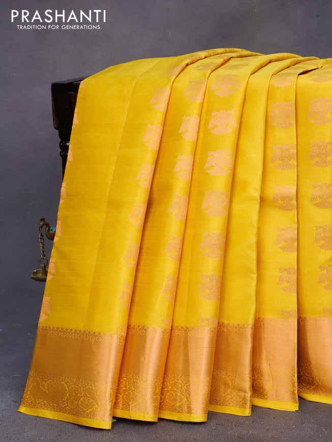 Pure kanchipuram silk saree yellow with copper zari woven buttas and copper zari woven border