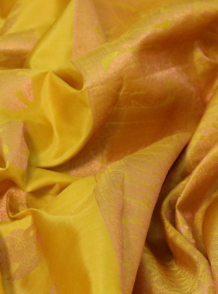 Pure kanchipuram silk saree yellow with copper zari woven buttas and copper zari woven border