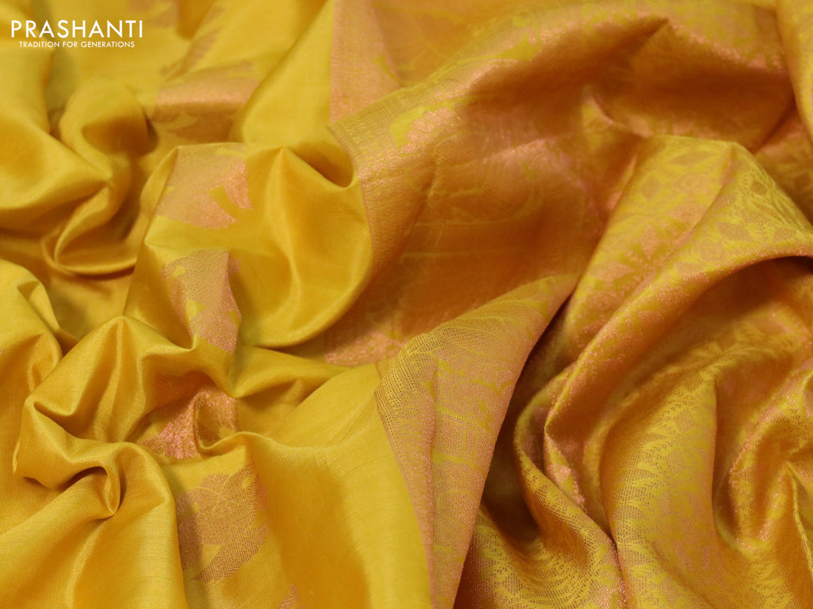 Pure kanchipuram silk saree yellow with copper zari woven buttas and copper zari woven border