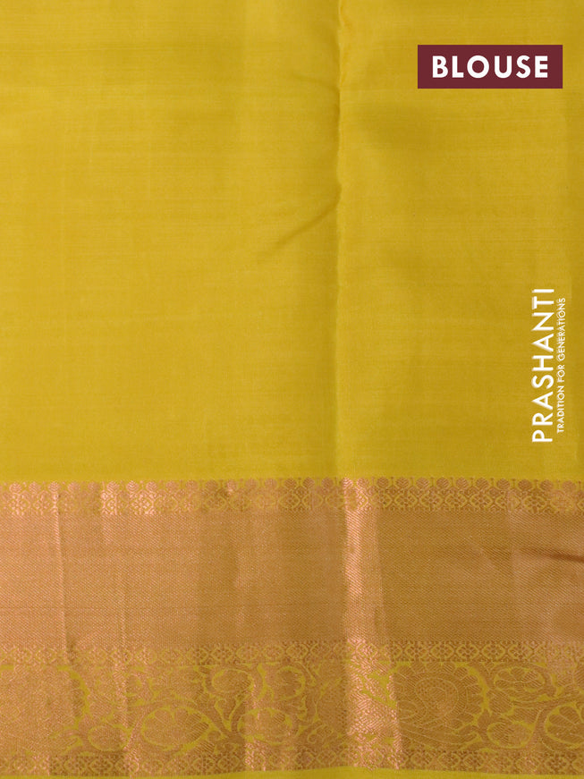 Pure kanchipuram silk saree yellow with copper zari woven buttas and copper zari woven border