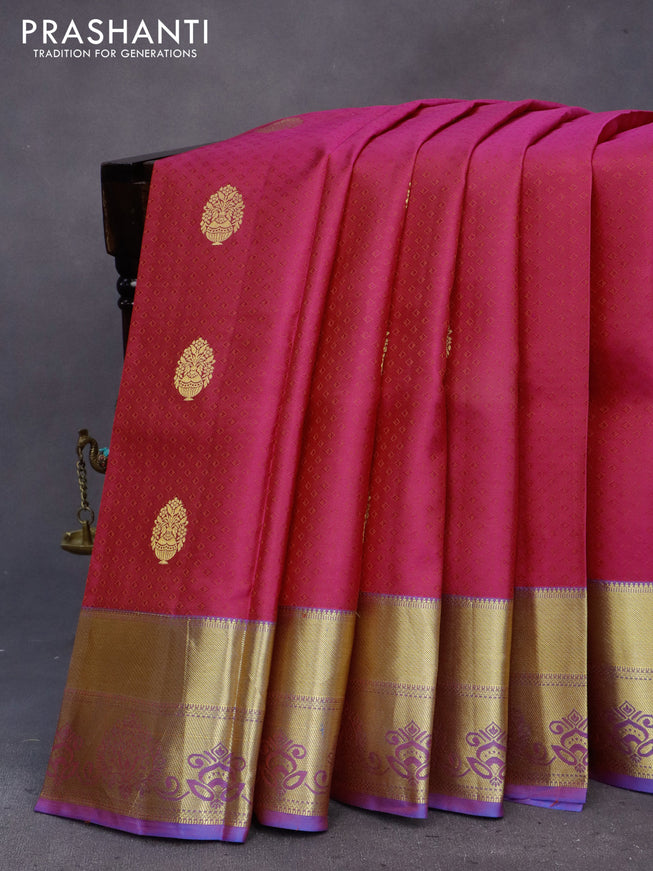 Pure kanchipuram silk saree pink and blue with allover self emboss & zari buttas and zari woven border