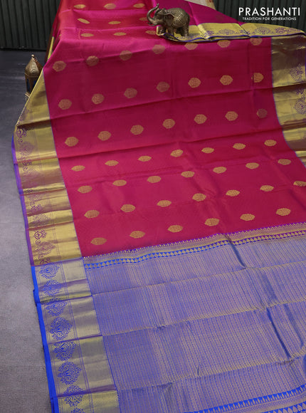 Pure kanchipuram silk saree pink and blue with allover self emboss & zari buttas and zari woven border