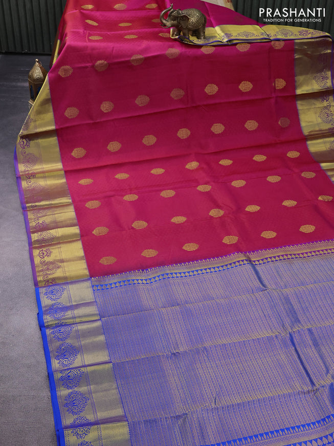 Pure kanchipuram silk saree pink and blue with allover self emboss & zari buttas and zari woven border