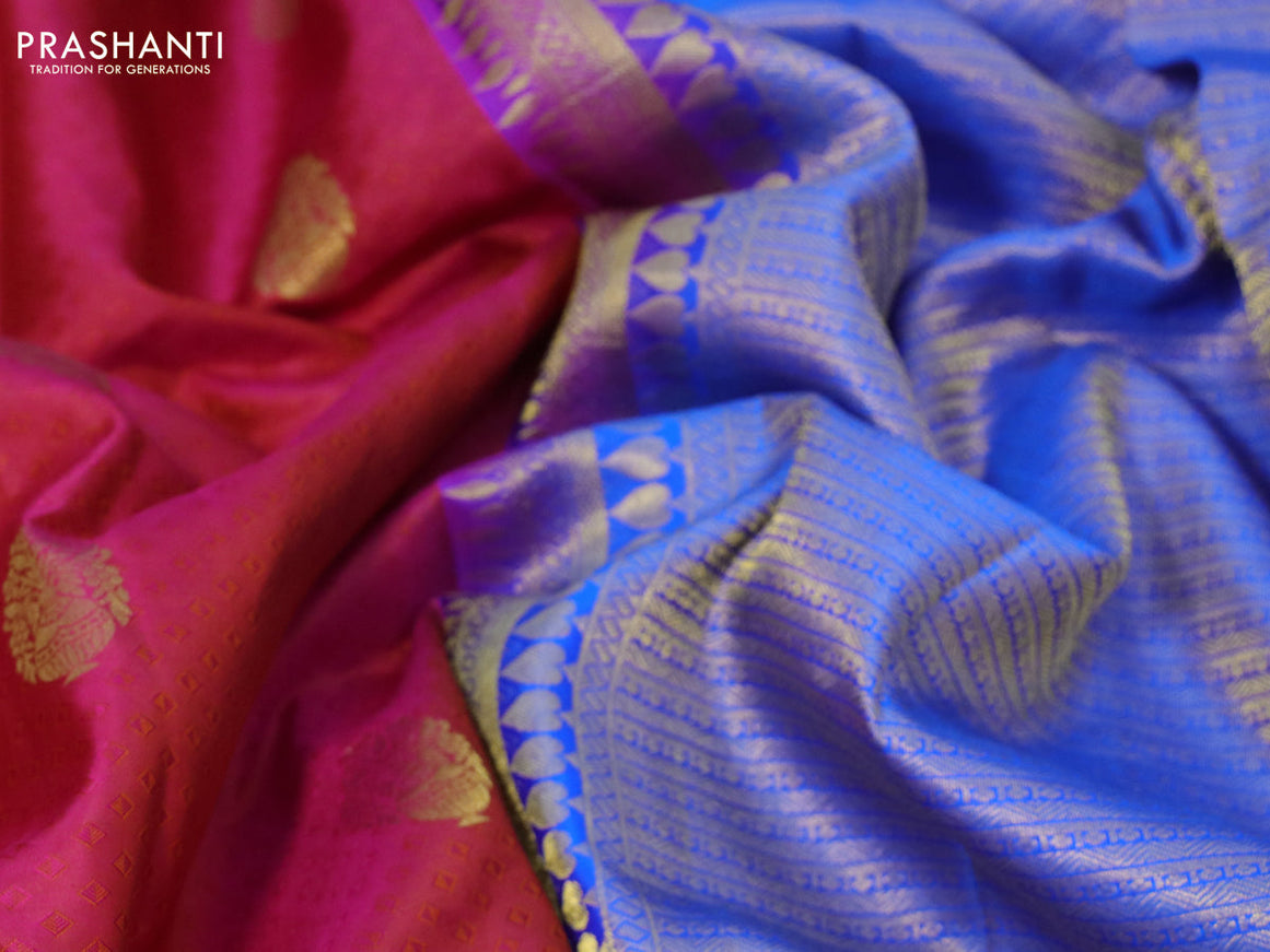 Pure kanchipuram silk saree pink and blue with allover self emboss & zari buttas and zari woven border