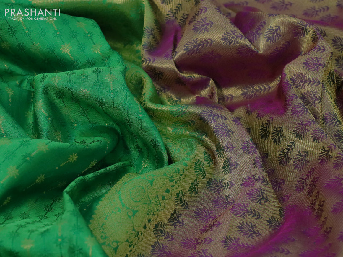 Pure kanchipuram silk saree green and pink with allover self emboss & zari buttas and zari woven border