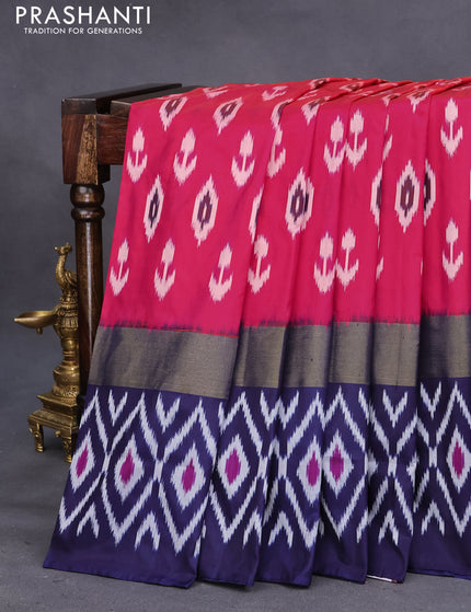 Pochampally silk saree pink and navy blue with allover ikat buttas and long zari woven ikat border