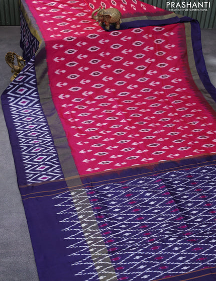 Pochampally silk saree pink and navy blue with allover ikat buttas and long zari woven ikat border