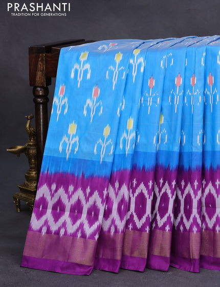 Pochampally silk saree light blue and purple with allover ikat butta weaves and long ikat woven zari border