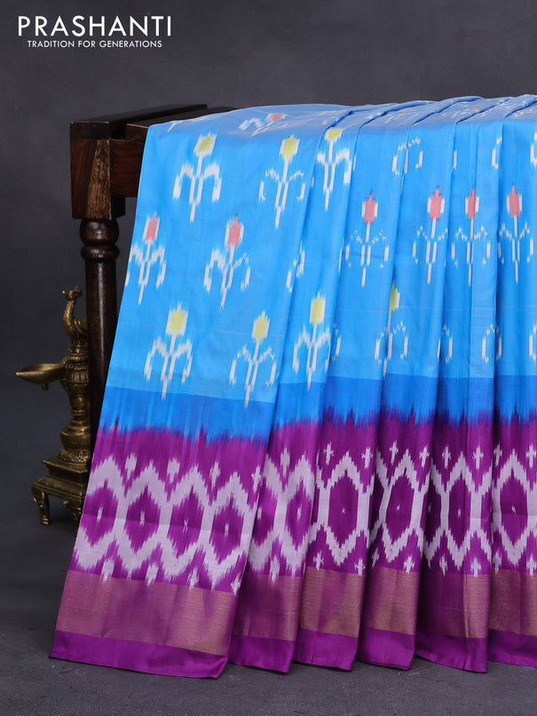 Pochampally silk saree light blue and purple with allover ikat butta weaves and long ikat woven zari border