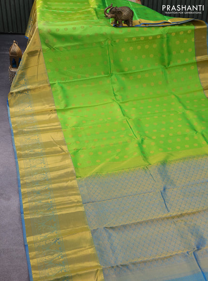 Pure kanchipuram silk saree light green and cs blue with allover self emboss and zari woven border