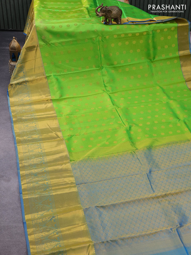 Pure kanchipuram silk saree light green and cs blue with allover self emboss and zari woven border