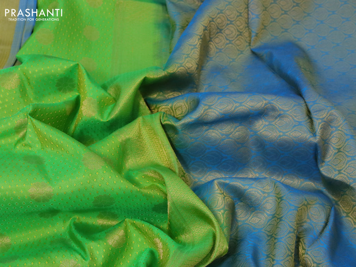 Pure kanchipuram silk saree light green and cs blue with allover self emboss and zari woven border