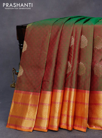 Pure kanchipuram silk saree dual shade of greenish maroon and mustard yellow with allover self emboss & zari buttas and zari woven border