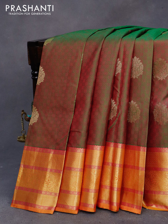 Pure kanchipuram silk saree dual shade of greenish maroon and mustard yellow with allover self emboss & zari buttas and zari woven border