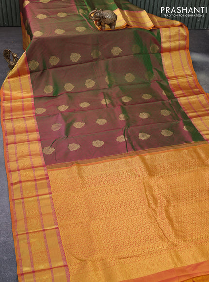 Pure kanchipuram silk saree dual shade of greenish maroon and mustard yellow with allover self emboss & zari buttas and zari woven border