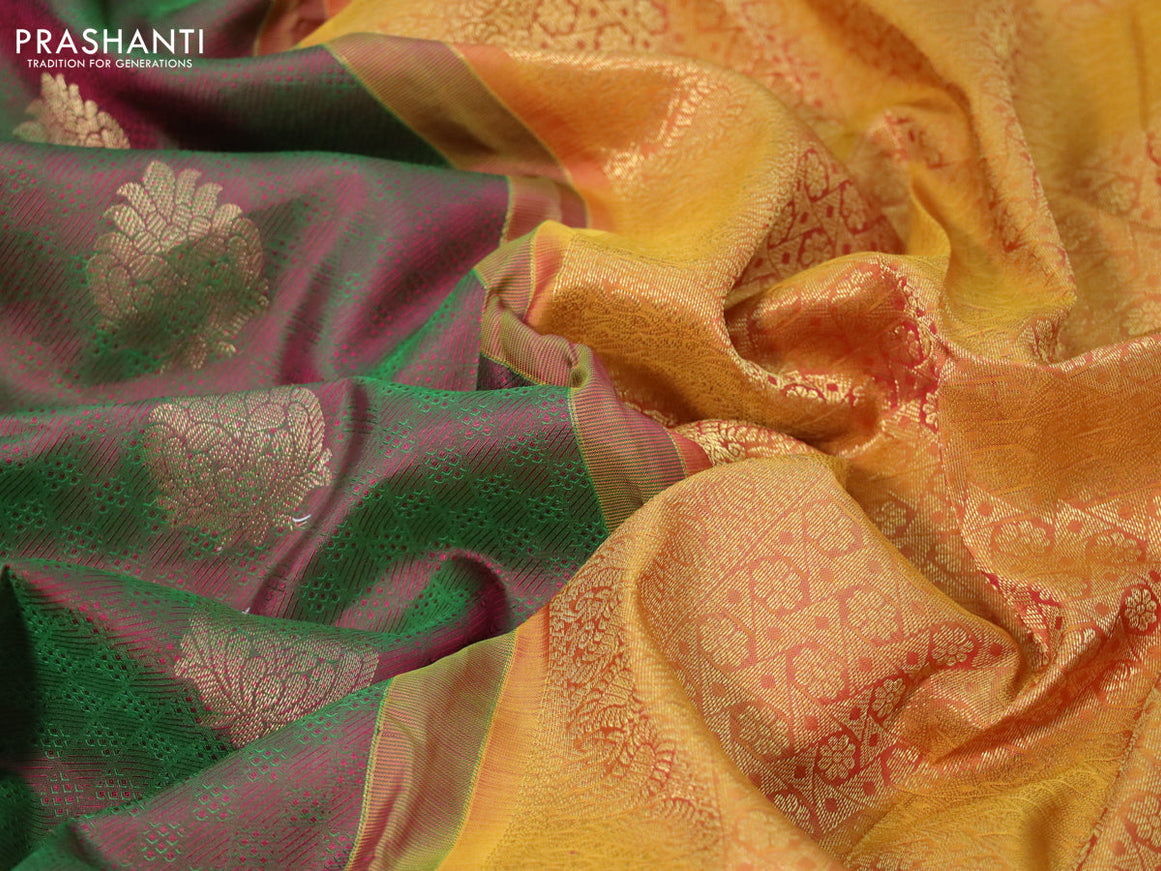 Pure kanchipuram silk saree dual shade of greenish maroon and mustard yellow with allover self emboss & zari buttas and zari woven border