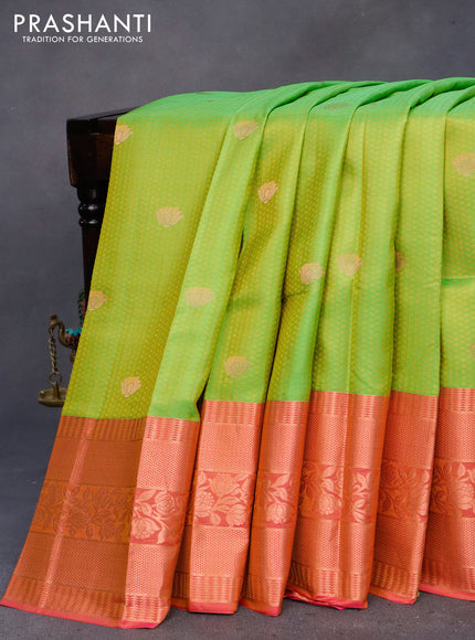 Pure kanchipuram silk saree light green and pink with allover self emboss & zari buttas and long copper zari woven border