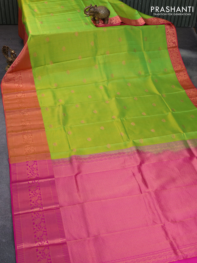 Pure kanchipuram silk saree light green and pink with allover self emboss & zari buttas and long copper zari woven border