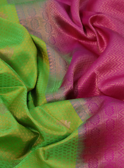 Pure kanchipuram silk saree light green and pink with allover self emboss & zari buttas and long copper zari woven border