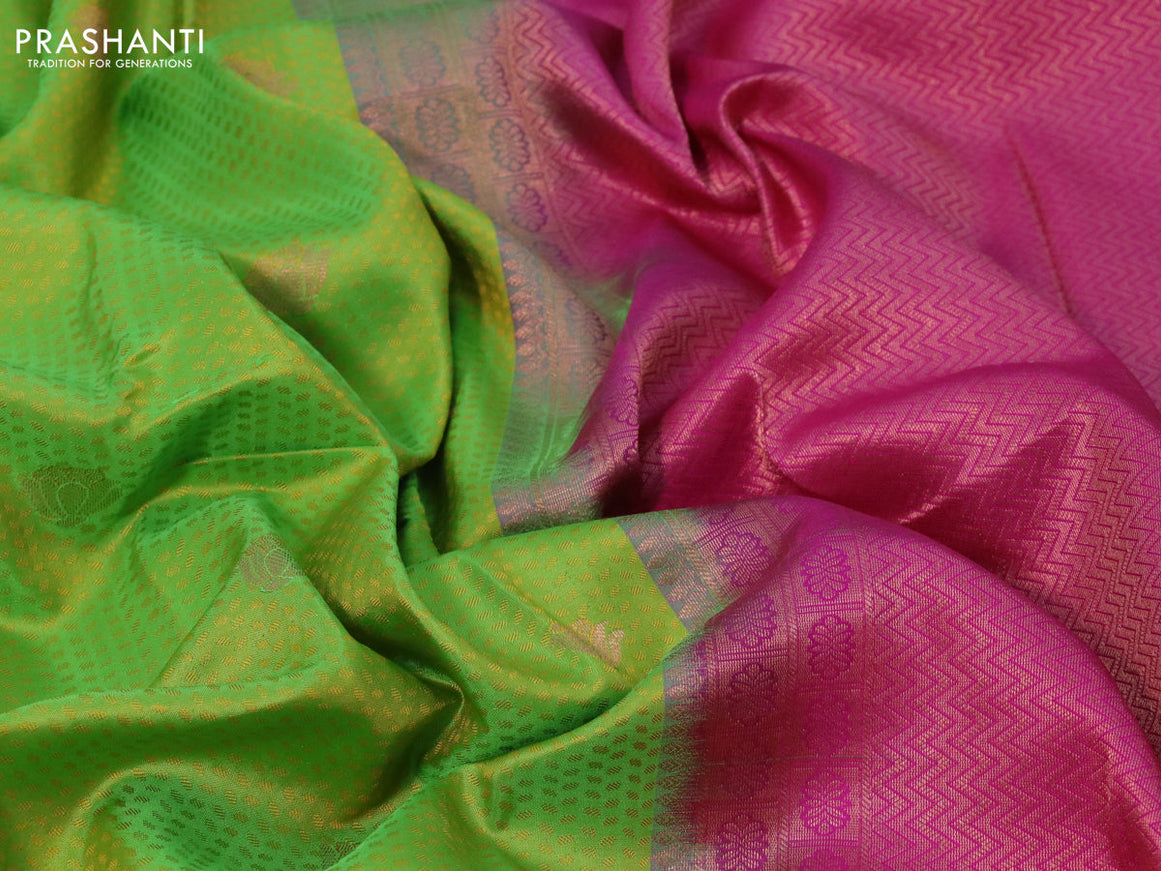 Pure kanchipuram silk saree light green and pink with allover self emboss & zari buttas and long copper zari woven border