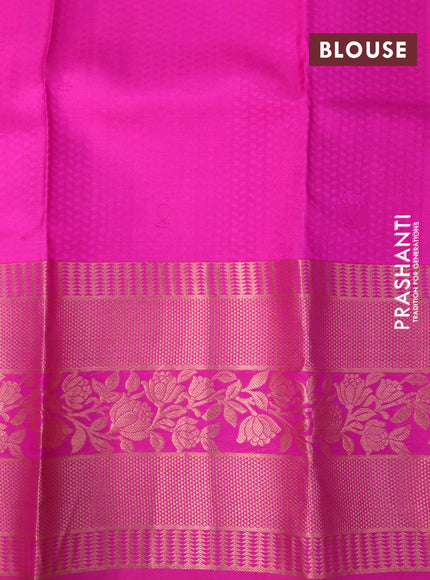 Pure kanchipuram silk saree light green and pink with allover self emboss & zari buttas and long copper zari woven border