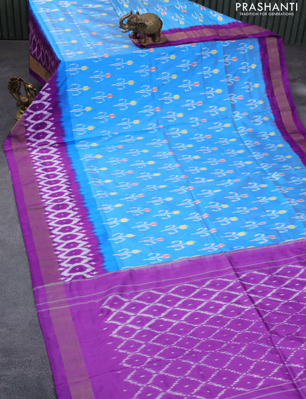 Pochampally silk saree light blue and purple with allover ikat butta weaves and long ikat woven zari border