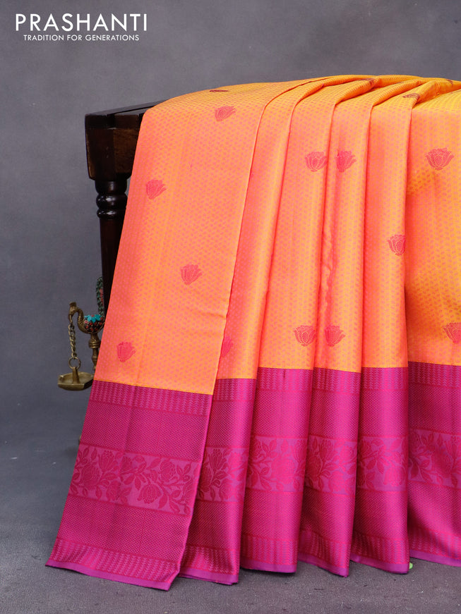 Pure kanchipuram silk saree dual shade of yellow and deep purple with allover self emboss and thread woven border