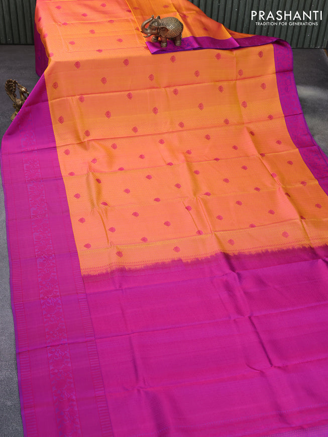 Pure kanchipuram silk saree dual shade of yellow and deep purple with allover self emboss and thread woven border