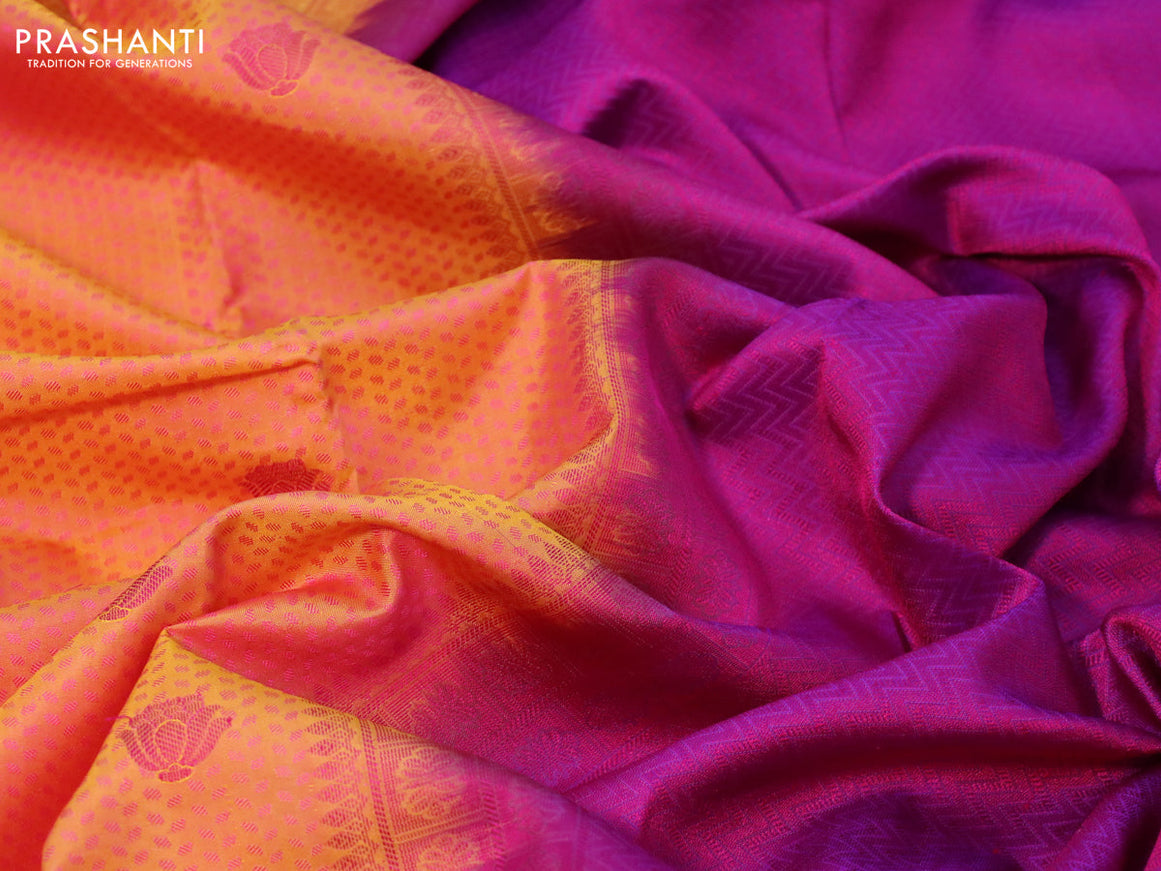 Pure kanchipuram silk saree dual shade of yellow and deep purple with allover self emboss and thread woven border