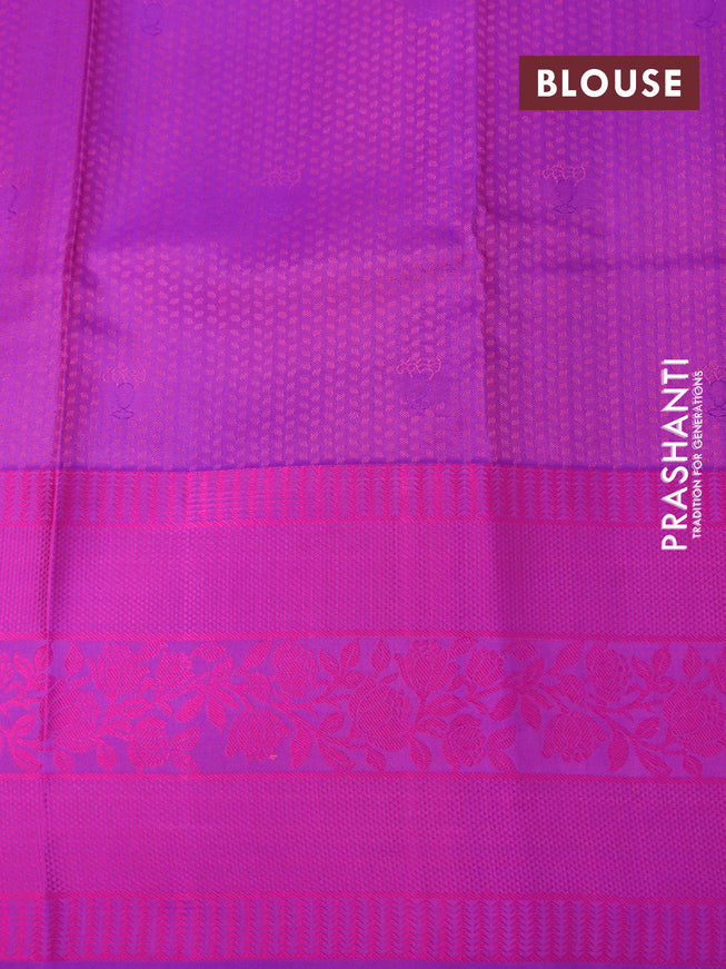 Pure kanchipuram silk saree dual shade of yellow and deep purple with allover self emboss and thread woven border