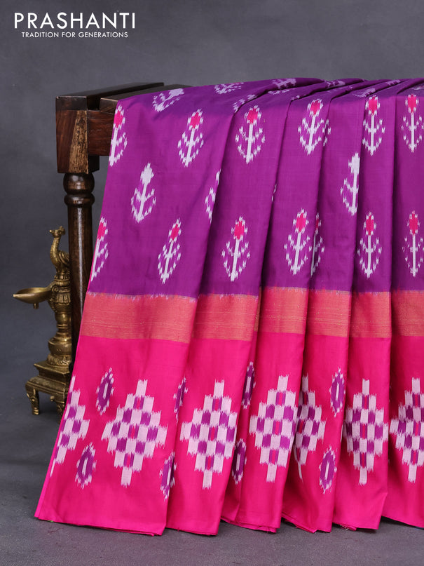 Pochampally silk saree purple and pink with allover ikat buttas and long zari woven ikat border